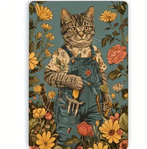 Unique Rustic Country Vintage Overalls Dressed Boy Cat Garden Spring Wall Decor - Picture 1 of 3