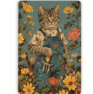 Unique Rustic Country Vintage Overalls Dressed Boy Cat Garden Spring Wall Decor - Image 1 of 3