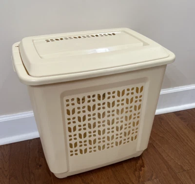 "Cesta de lavandería Rubbermaid vintage patrón de tulipán 2787 almendra con tapa 19""x14""" Foto 1 de 4