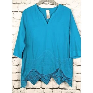 CHICO'S Boho Cottage Peasant Embroidered Lace Trim Tunic Turquoise Size 2 (L/12) - Picture 1 of 7