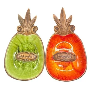 Treasure Craft of Hawaii PINEAPPLE Ashtray Trinket Dish Vintage Green Orange Set - Picture 1 of 16