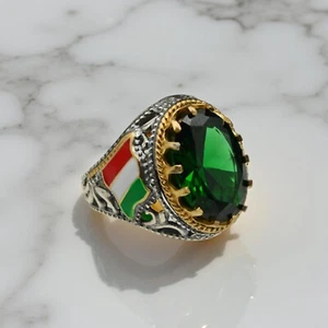 925 Sterling Silver Italian Flag Statement Men Ring, Green Zircon Jewelry - Picture 1 of 6