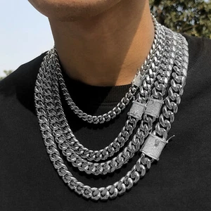 White Gold Plated Stainless Steel Miami Cuban Link Chain Bracelet with CZ Clasp  - Picture 1 of 12