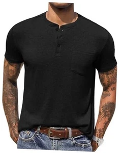 Men Casual Henley Shirt Short Sleeve Summer Basic T Shirt Pocket Soild Button - Picture 1 of 7