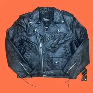 Vintage Chrome Gear Black Leather Perfecto Motorcycle Jacket Men Size XL 48 New - Picture 1 of 13