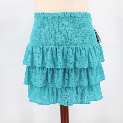 Michael Kors Women Turquoise Eyelet Jersey Preppy Tiered Mini Skirt Size L - Image 1 of 4