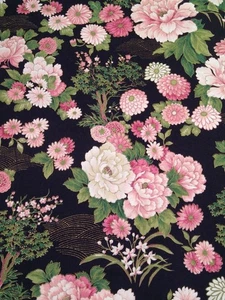 100% cotton quilting fabric VINTAGE VIP CRANSTON pink black floral 3 yards gold - Picture 1 of 9