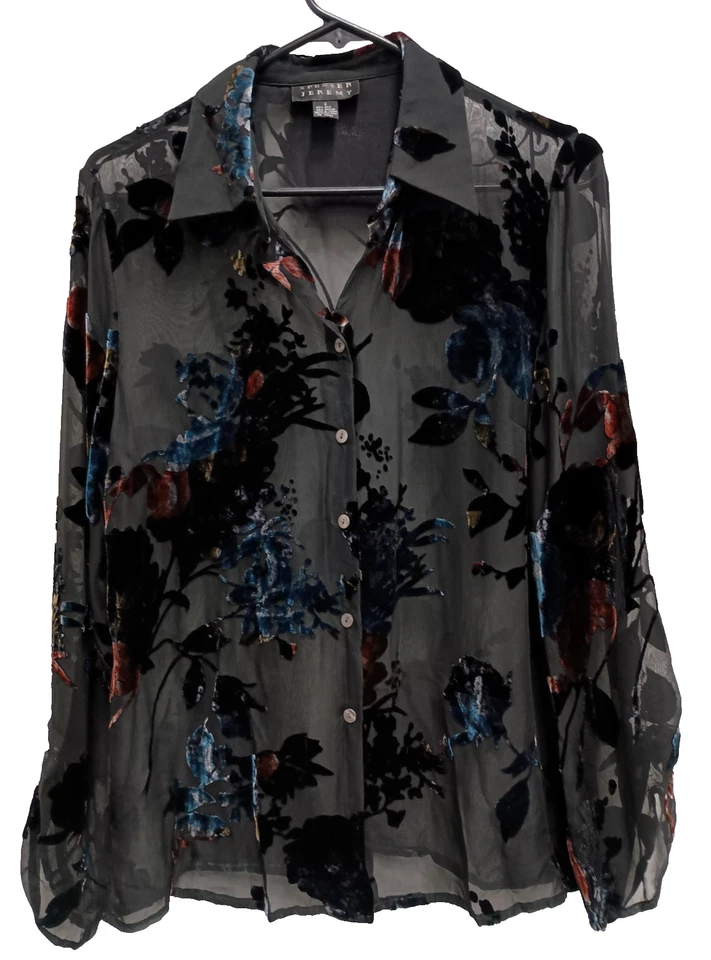 Винтажный Y2K Spenser Jeremy Топ Женский Размер 8 Черный Выгорание Бархат Цветочный Шелк Готика - Изображение 1 из 4