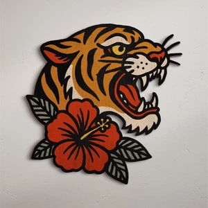 TIGER HIBISKUS Tattoo Flash Holz Vintage Stil Wandbild Schild - Bild 1 von 5