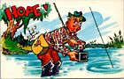 HOPE Fisherman in Waders with Pole and Camera Waiting 135 Fishing Comic Postcard