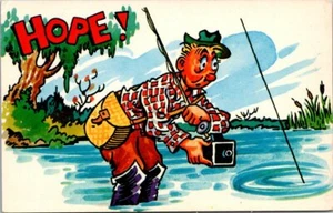 HOPE Fischer im Watboot mit Stange und Kamera wartet 135 Angeln Comic Postkarte - Bild 1 von 2