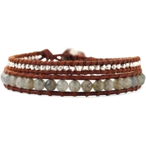 Chan Luu Labradorite & Silver Nugget Beaded Brown Leather Wrap Bracelet NWT - Picture 1 of 2