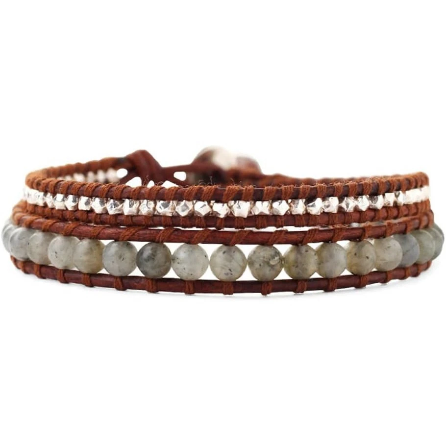 Chan Luu Labradorite & Silver Nugget Beaded Brown Leather Wrap Bracelet NWT - Image 1 of 2
