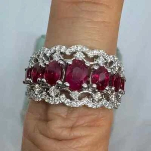 2Ct Oval Cut Lab-Created Red Ruby Wedding Band Ring 14K White Gold Plated - Picture 1 of 6