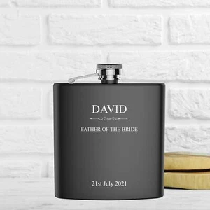 Personalised engraved FATHER of the BRIDE hip flask gift idea, black coated - Picture 1 of 3