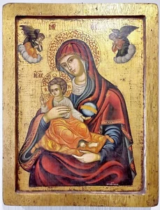 Icona russa dipinta a mano.Fondo in foglia oro 18Kt.Madonna degli Angeli.Cm41x31 - Foto 1 di 5