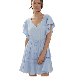 Anthropologie Blue boho Mini Dress M Tiered Ruffle Size L Daily Practice - Picture 1 of 9
