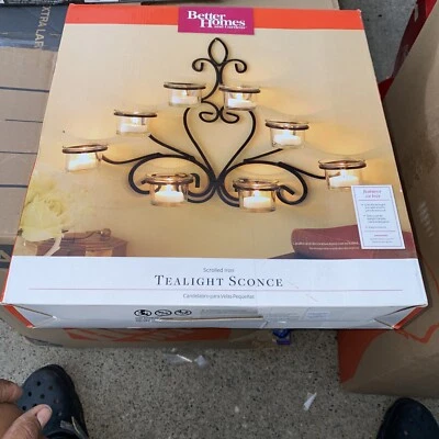 NIB Better Homes & Gardens Tealight Wall Sconce Rustic Wrought Iron Glass Black - Image 1 of 4