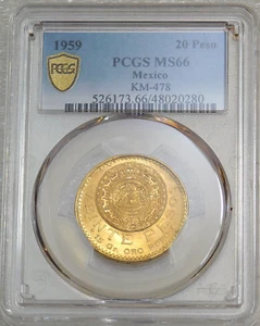 1959 Mexico Gold 20 Pesos PCGS MS66 Great Luster Just Graded Original PQ #H680 - Picture 1 of 4