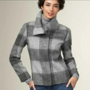 TALBOTS Wool Alpaca Blend Buffalo Plaid Front Zip Jacket Gray Academia Soft Sz 4 - Picture 1 of 10
