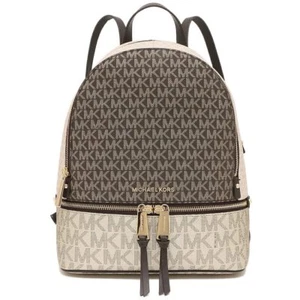 Michael Kors Rhea Zip Medium Logo PVC Canvas Backpack Brown Pale Gold - Picture 1 of 4