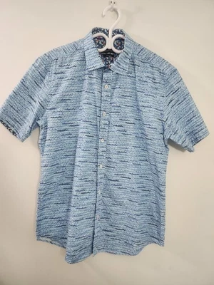 Bugatchi Shirt Men L Blue Abstract Wave Short Sleeve Shaped Fit Button Up Cotton - Image 1 of 4