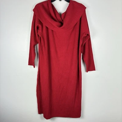 Terra & Sky Sweater Dress Women 2X Plus 3/4 Sleeve Red Ribbed Cowl Neckline NWT - Image 1 of 4