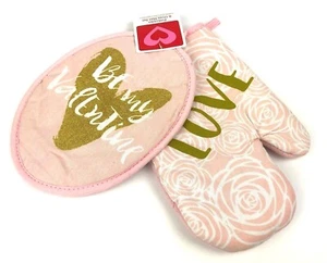 Be My Valentine Topflappen & Love Ofenhandschuh Set Pastell Rosa Gold Glitzer Herz  - Bild 1 von 4