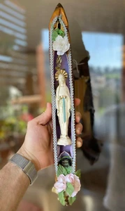 Antique Statue virgin Mary in fabric shuttle Wood, handmade Belgium 8/62 Rare⭐ - Picture 1 of 12