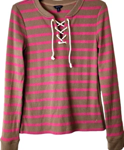 Nautica Top gerippt Schnürung LS braun & rosa Streifen Damen Medium Y2k Bellacore - Bild 1 von 12