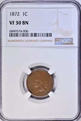 1872 INDIAN HEAD CENT ~ NICE BOLD NGC VF30! - Image 1 of 4