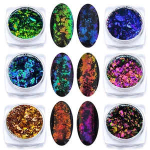 Iridescent Glitter Chameleon Nail Flakes Set Chrome Nail Powder Mirror Mermaid E - Picture 1 of 12