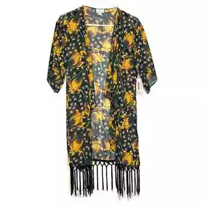 LuLaRoe Damen Größe S Monroe Kimono Fransen Überwurf Neu mit Etikett gelb/schwarz geblümt - Bild 1 von 2