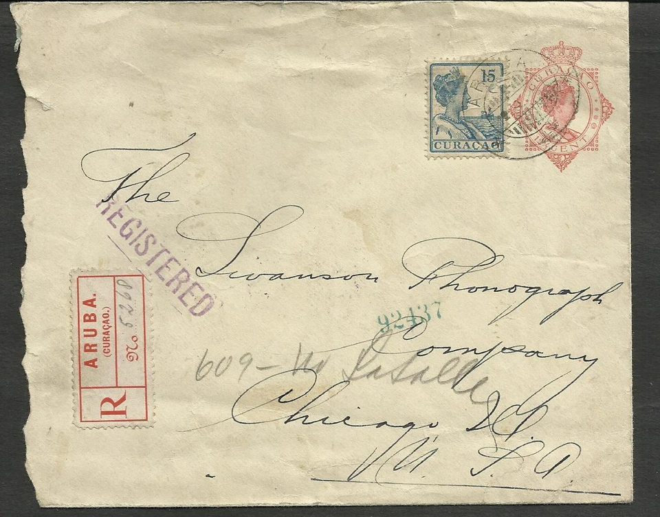 CURAZAO 1928 REG. ПОЧТА СТАЦИОНАРНАЯ В США + МАРКА ПЕРЕСЛАНА, АРУБА ОТМЕНИТЬ - Изображение 1 из 2