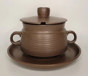 Vintage Denby Langley Mayflower Lidded Condiment Jam Jar with Plate Dark Brown - Picture 1 of 11