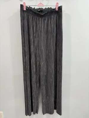 ZARA Women’s Pleated Wide Leg Pants Gray Crinkle High Rise Stretch Waist Size L - Image 1 of 4