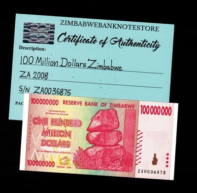 Billete de repuesto de 100 millones de dólares de Zimbabue 2008 certificado de autenticidad auténtico ZA0036875 Foto 1 de 3