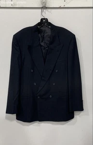 Perry Ellis Mens Navy Blue Check Wool Notch Lapel Double-Breasted Blazer - Picture 1 of 10