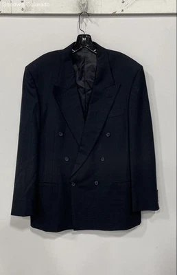 Perry Ellis Mens Navy Blue Check Wool Notch Lapel Double-Breasted Blazer - Image 1 of 4