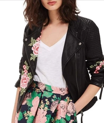 CHAQUETA MOTERA NUEVA CON ETIQUETAS TOPSHOP LUNA APLIQUES FLORALES IMITACIÓN CUERO TALLA US 6 UK 10 EU 38  Foto 1 de 4