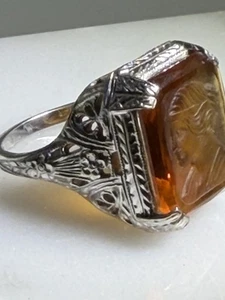 Antiker 18k massiver Weißgold Damen Designer filigran Ring Bernstein Intaglio 4,25 - Bild 1 von 3