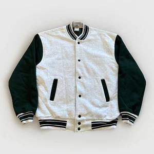 Chaqueta de bombardero universitaria vintage para hombre L Fruit of the Loom bloque de color verde gris años 90 - Imagen 1 de 9