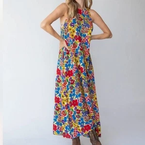 Natural Life Size L/XL Katie Bright Floral Print Relaxed Fit Maxi Dress Boho - Picture 1 of 13