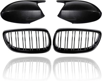 Black Kidney Grille Carbon Fiber Mirror Cover For 2006-10 BMW E92 E93 328i Coupe - Image 1 of 4