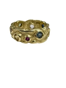 Handmade Natural Rainbow Sapphire Bezel Abstract Eternity Band Ring 18k Gold - Picture 1 of 4