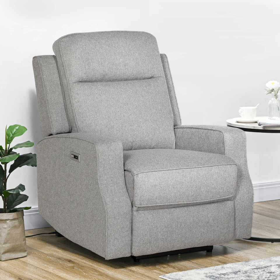 Grey Linen Recliner Chair with USB Port, 84x92x104cm, Electric Comfort - Image 1 of 4