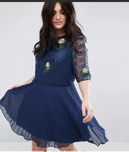 ASOS Maternity Dress Size 24 Navy Lace Pleated Embroidered Yellow - Picture 1 of 9