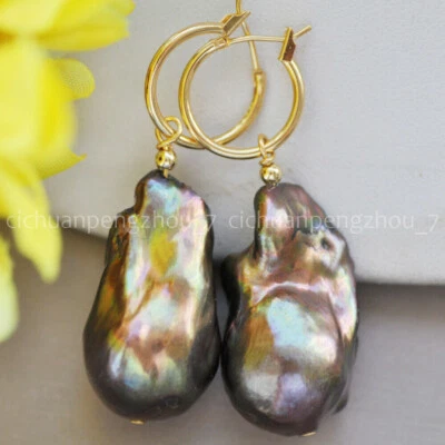 Enorme pendiente de perla barroca Keshi natural negra de 15x20 mm de oro de 14 quilates con palanca Foto 1 de 3