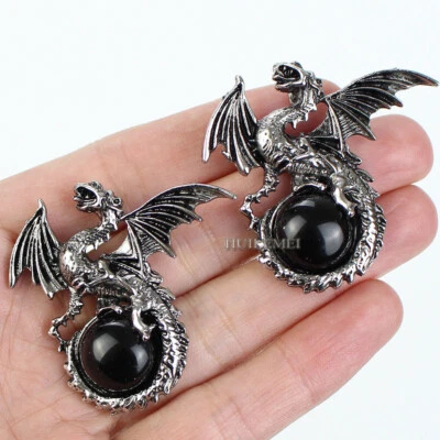 5pcs Black Obsidian Stone Wyvern Wivern Dragon Pendant Bead Reiki Healing Amulet - Image 1 of 3