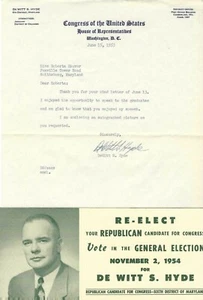 DeWitt S Hyde Signed Letter/Campaign pic 1950s US Congressman MD & DC Judge vtg - Picture 1 of 5